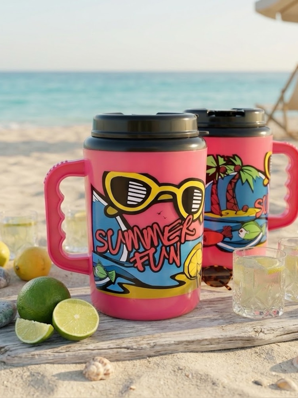 Vintage Betras Jumbo Travel Mug Summer Fun Neon Pink 80’s/90’s Retro Beach 52oz